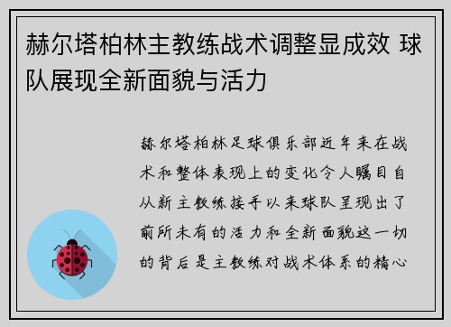 赫尔塔柏林主教练战术调整显成效 球队展现全新面貌与活力
