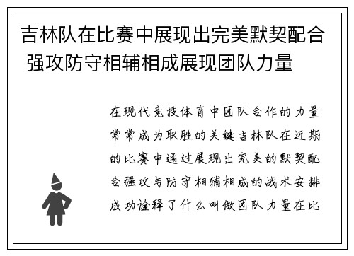 吉林队在比赛中展现出完美默契配合 强攻防守相辅相成展现团队力量