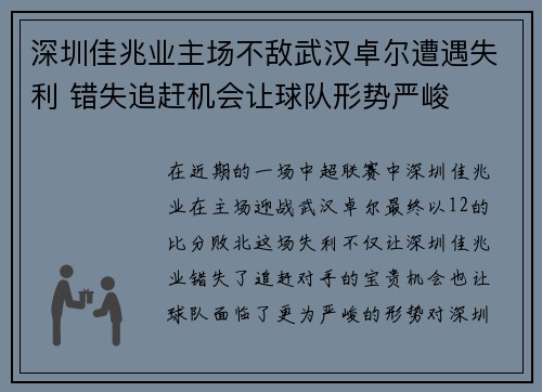 深圳佳兆业主场不敌武汉卓尔遭遇失利 错失追赶机会让球队形势严峻